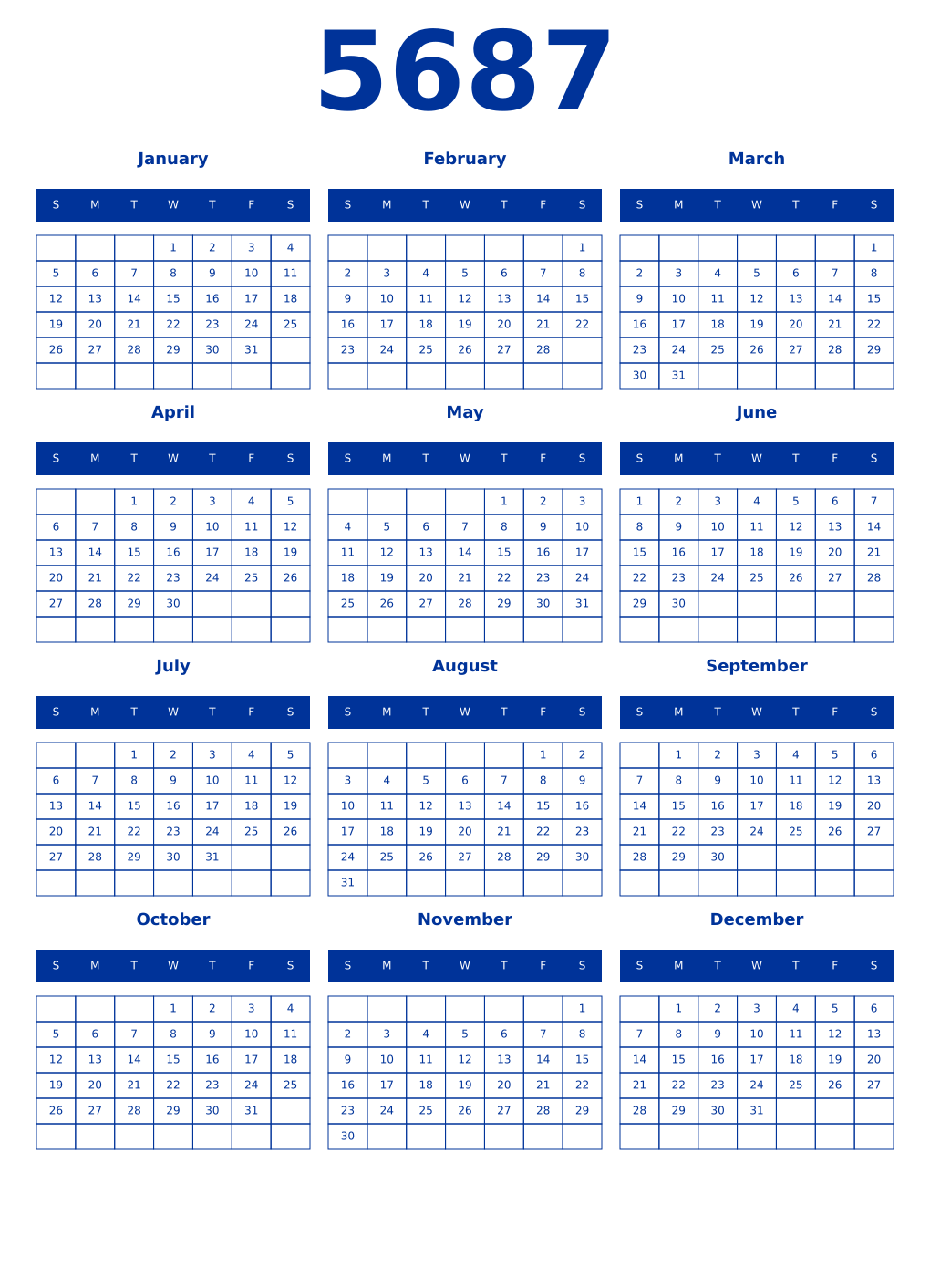 Printable 5687 Year Calendars smalt