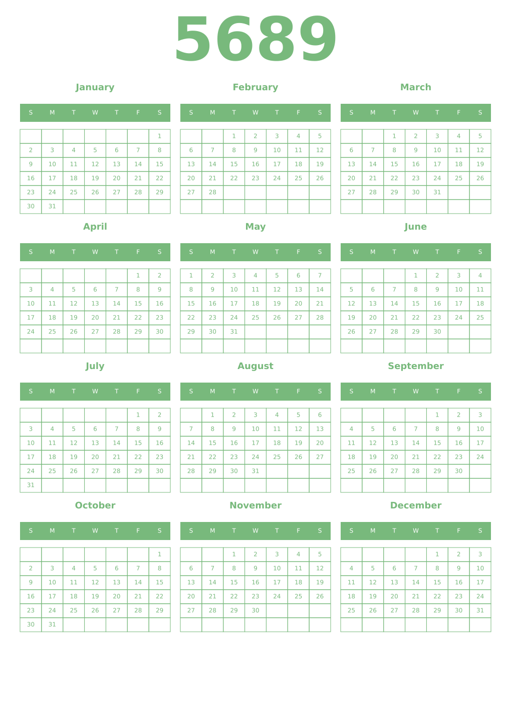 Printable 5689 Year Calendars celadon