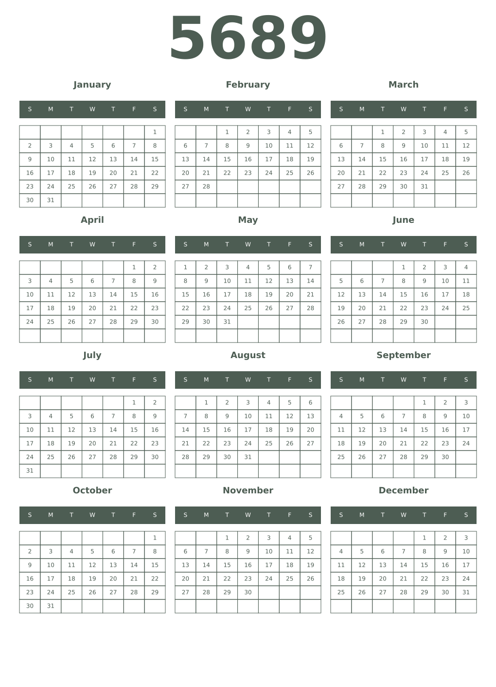Printable 5689 Year Calendars feldgrau