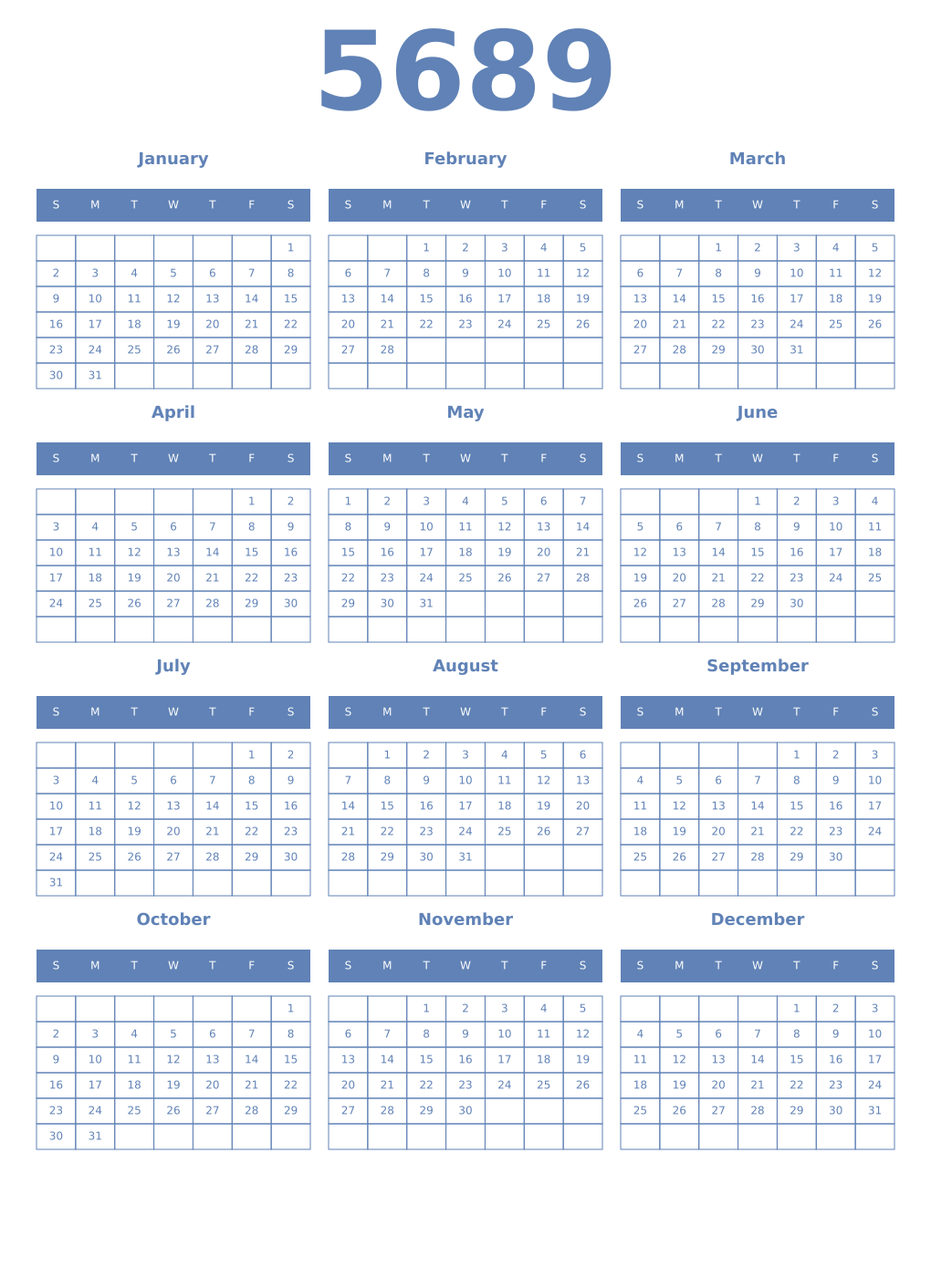 Printable 5689 Year Calendars glaucous