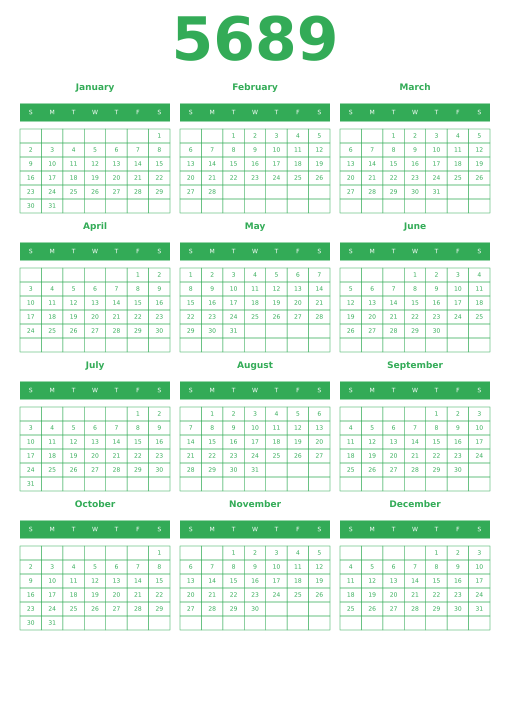 Printable 5689 Year Calendars green