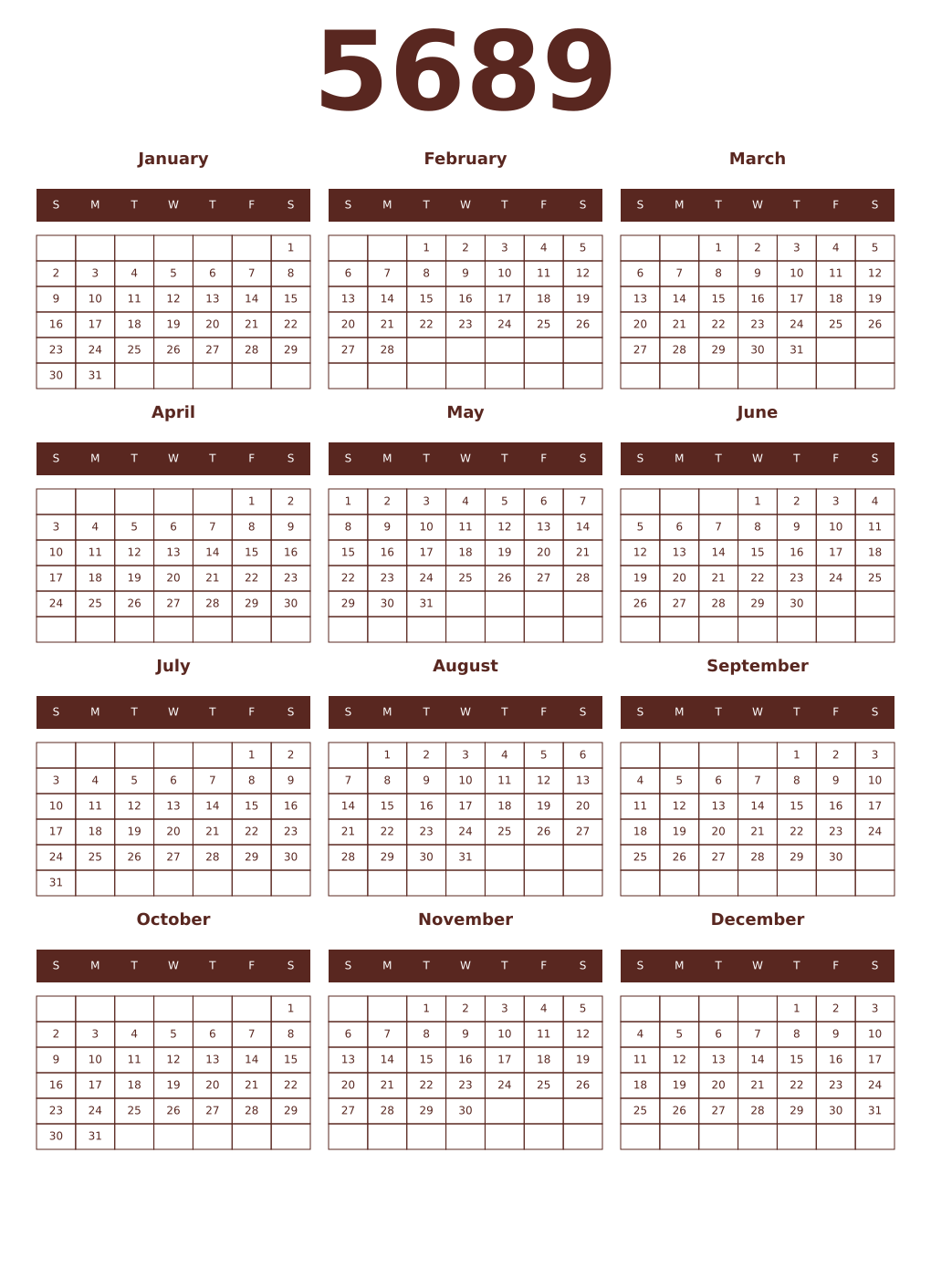 Printable 5689 Year Calendars mortuum