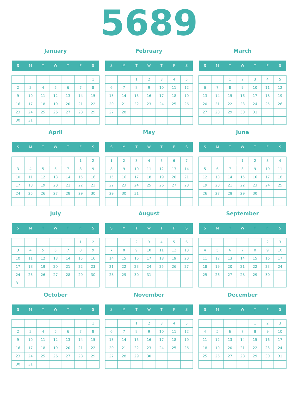 Printable 5689 Year Calendars verdigris