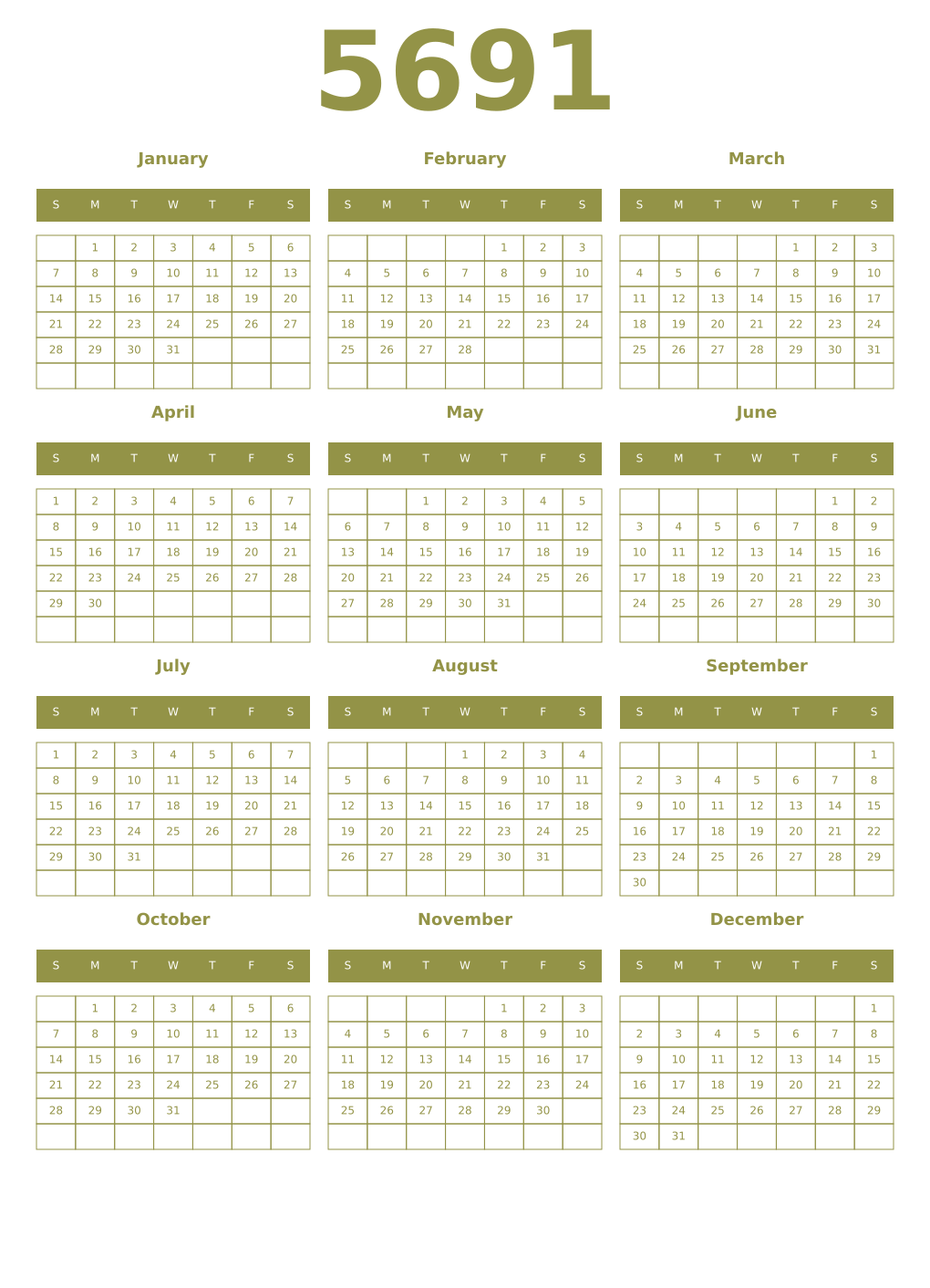 Printable 5691 Year Calendars eburnean