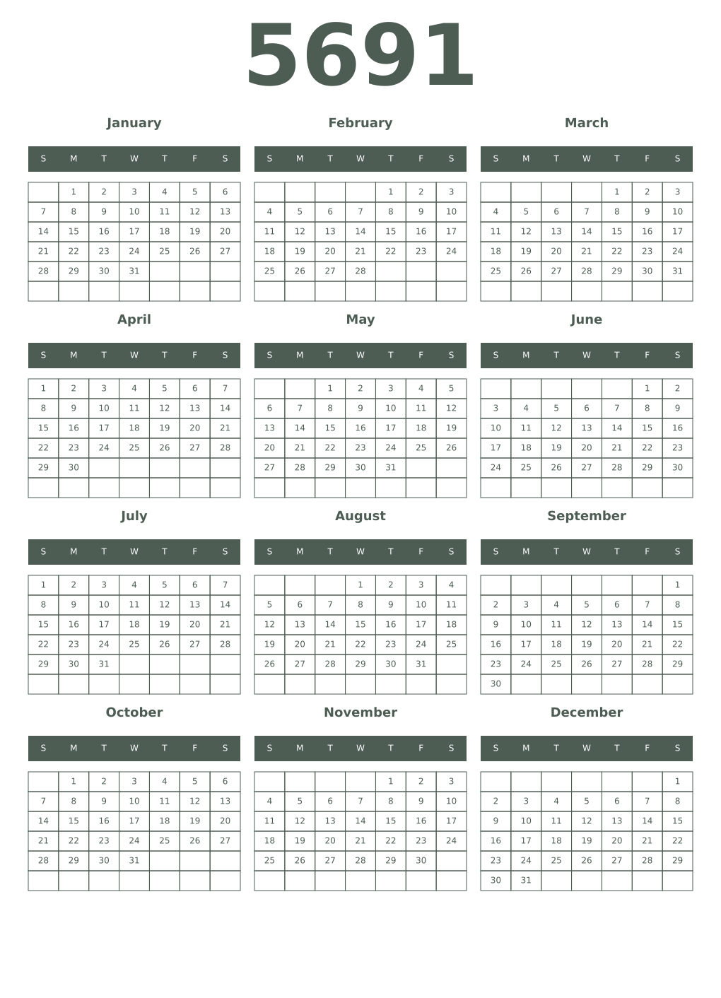 Printable 5691 Year Calendars feldgrau