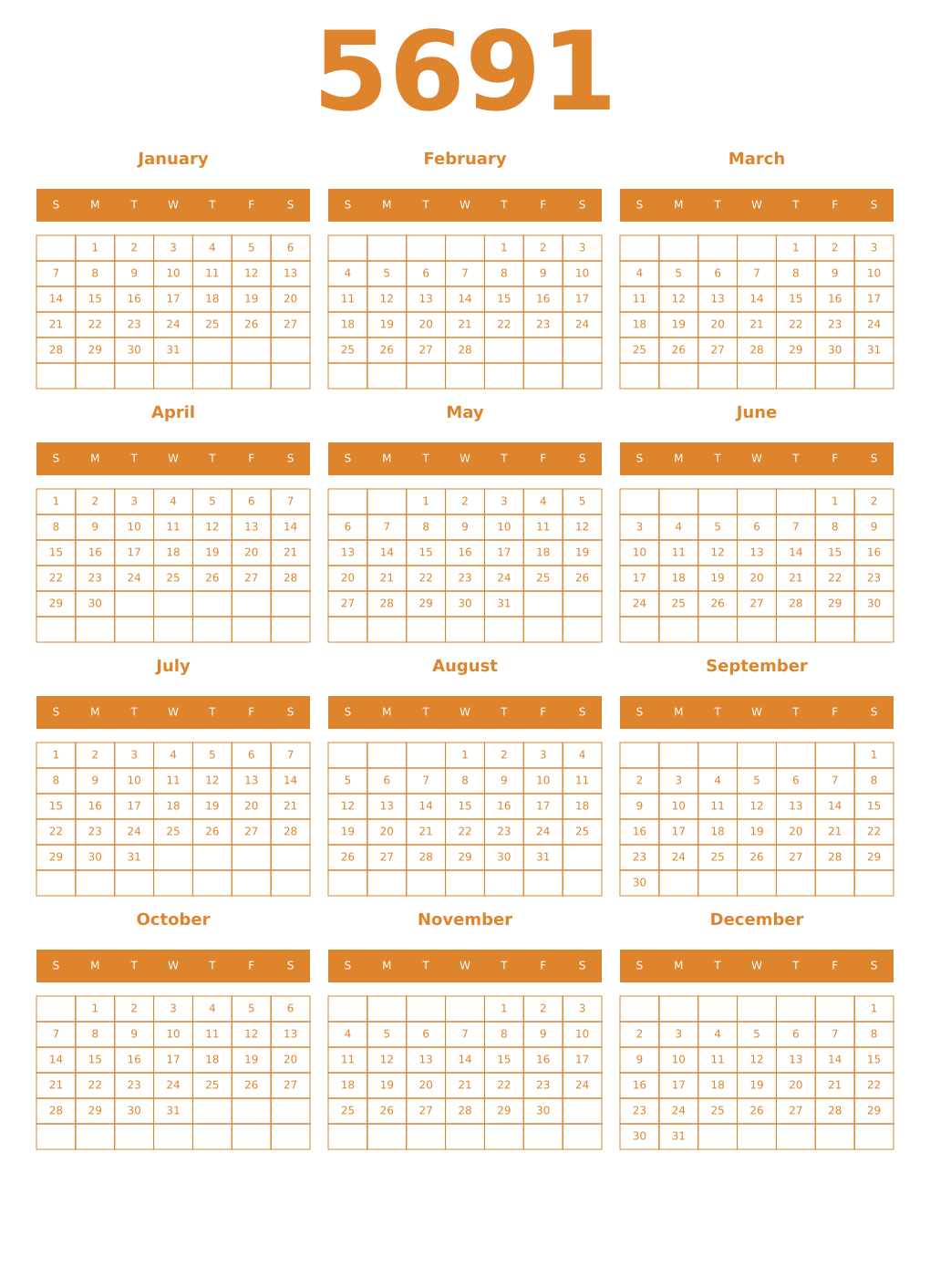 Printable 5691 Year Calendars orange