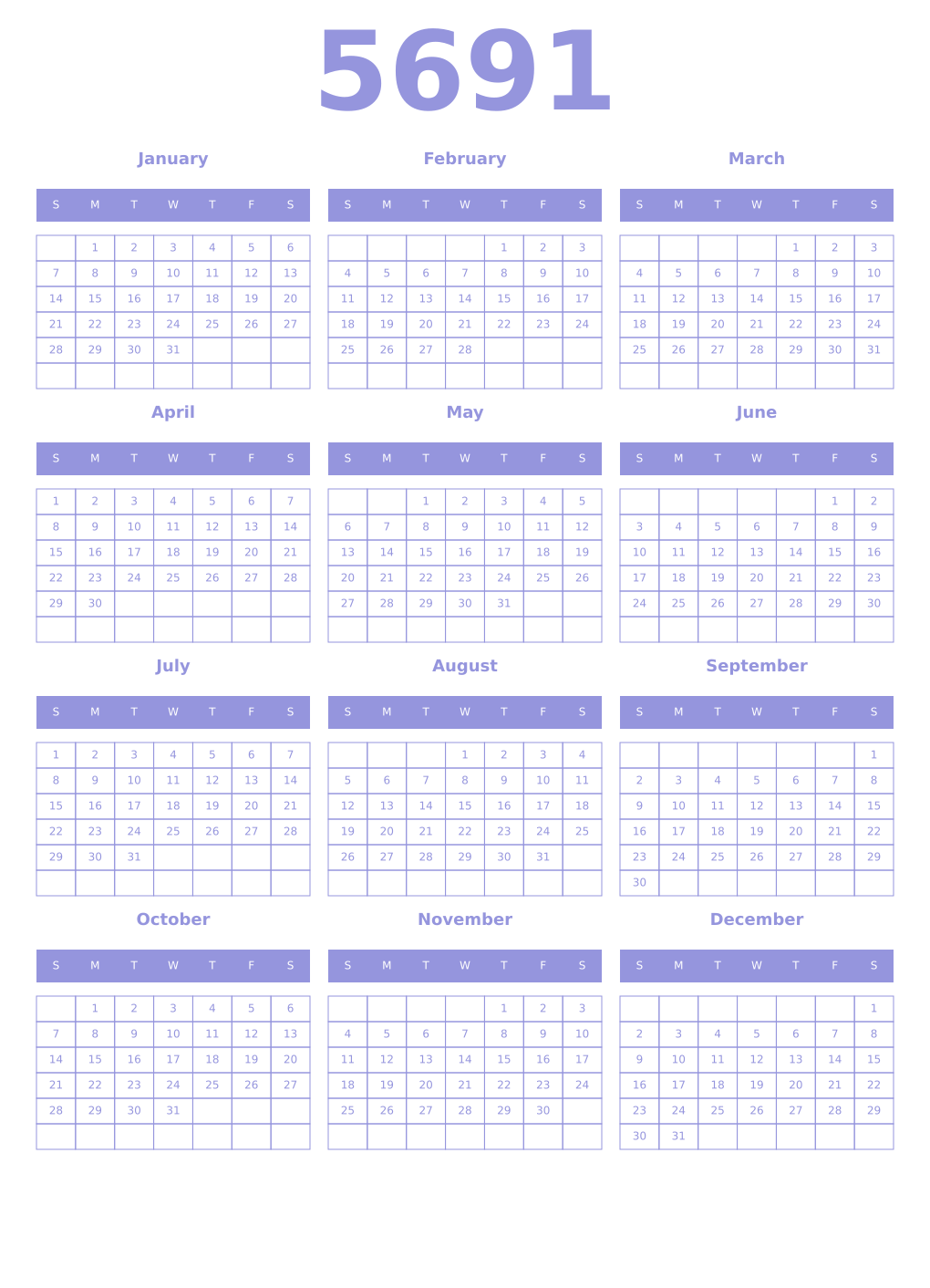 Printable 5691 Year Calendars periwinkle