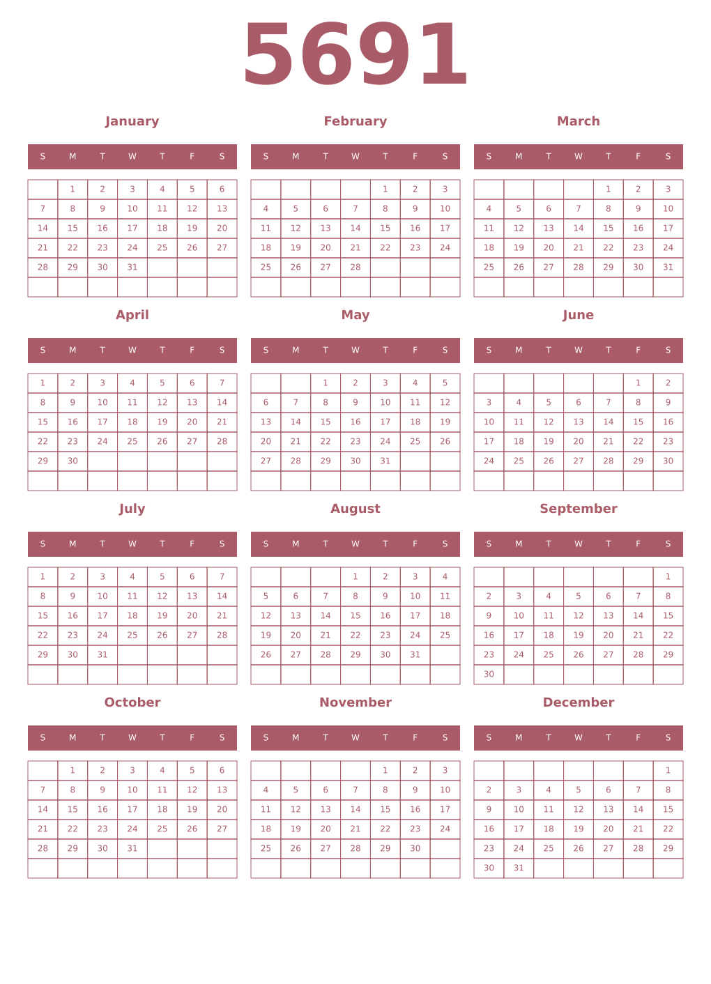 Printable 5691 Year Calendars puce