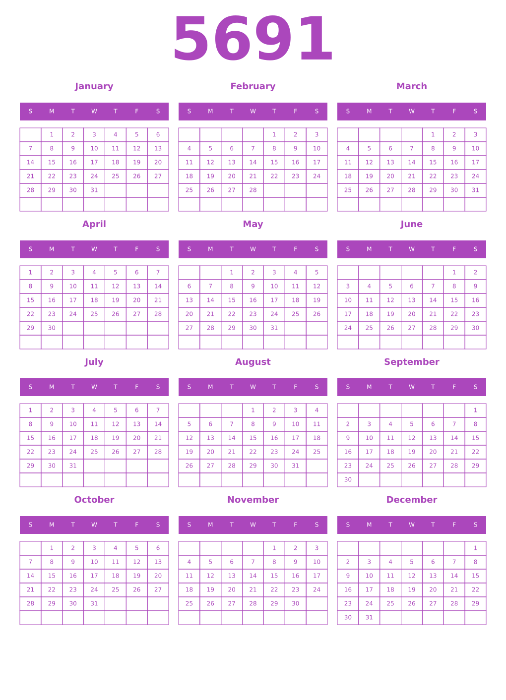 Printable 5691 Year Calendars purple