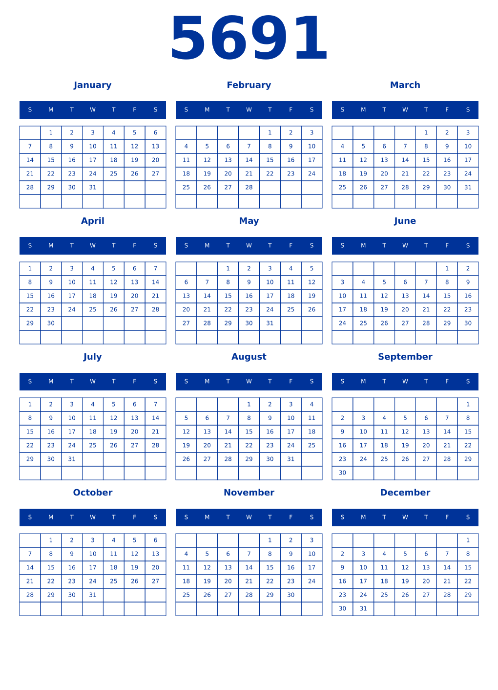 Printable 5691 Year Calendars smalt