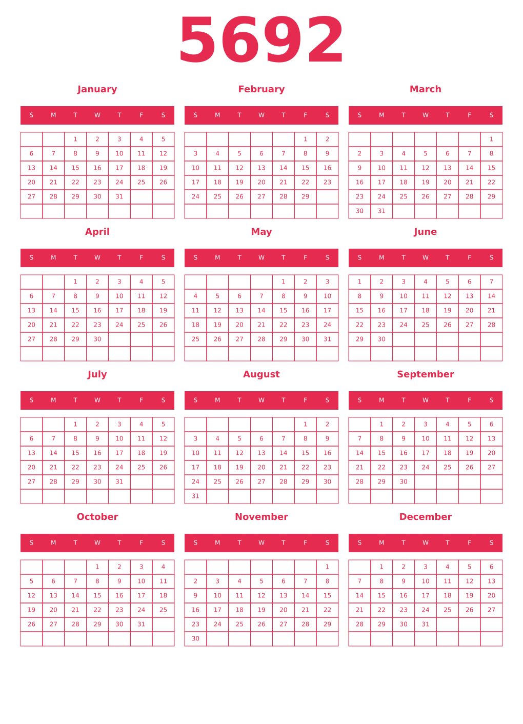 Printable 5692 Year Calendars amaranth