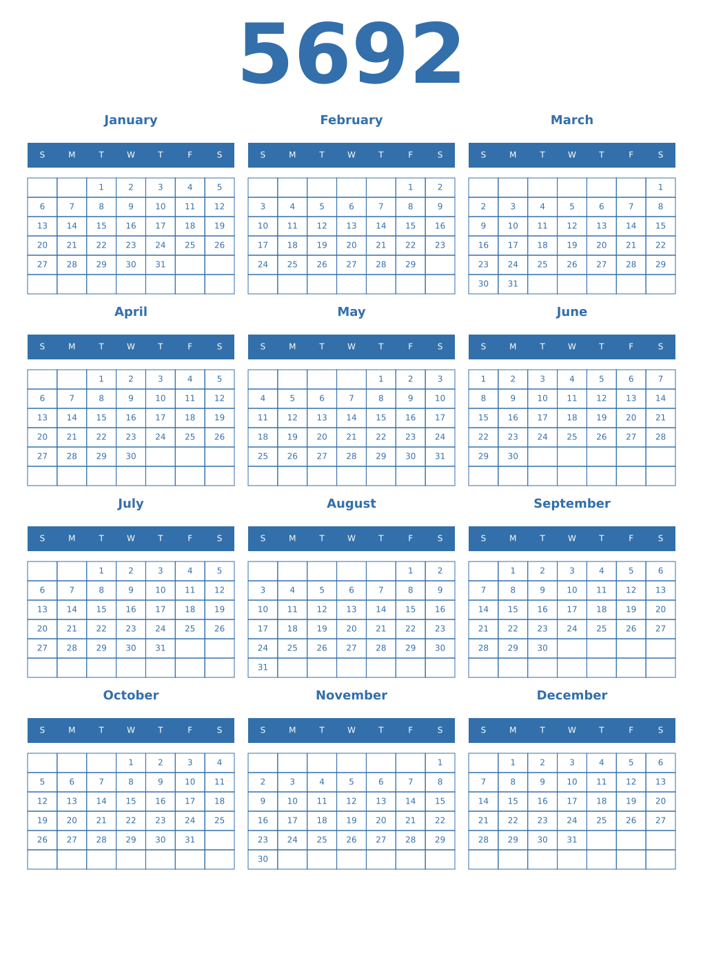 Printable 5692 Year Calendars blue