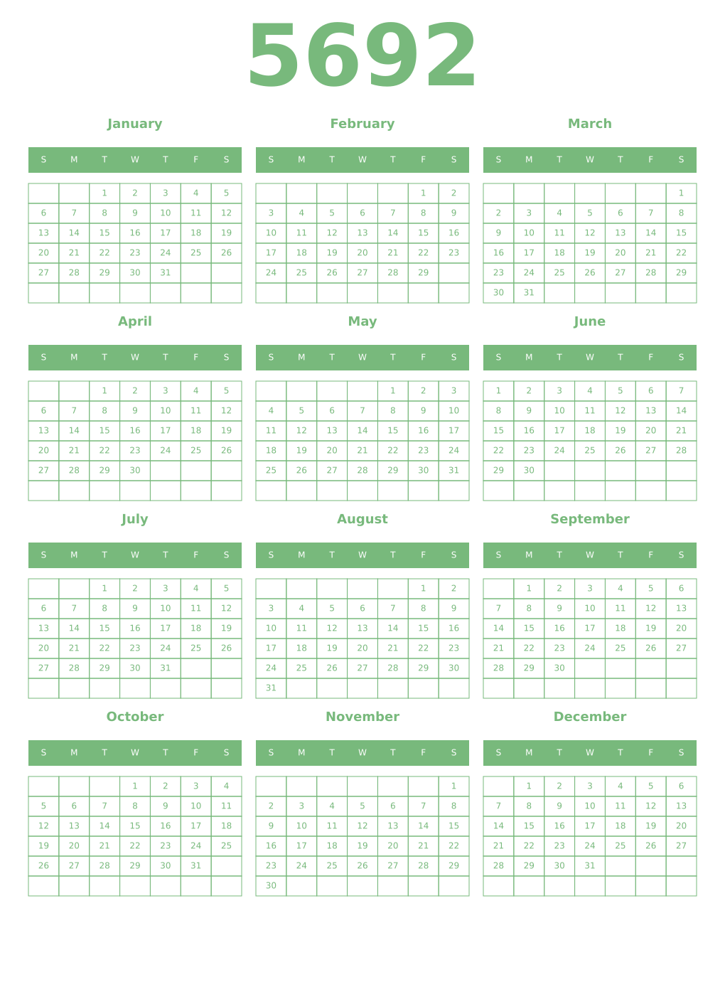 Printable 5692 Year Calendars celadon