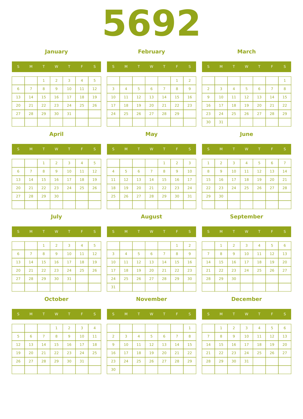 Printable 5692 Year Calendars chartreuse