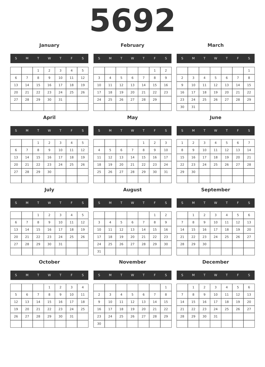 Printable 5692 Year Calendars dark