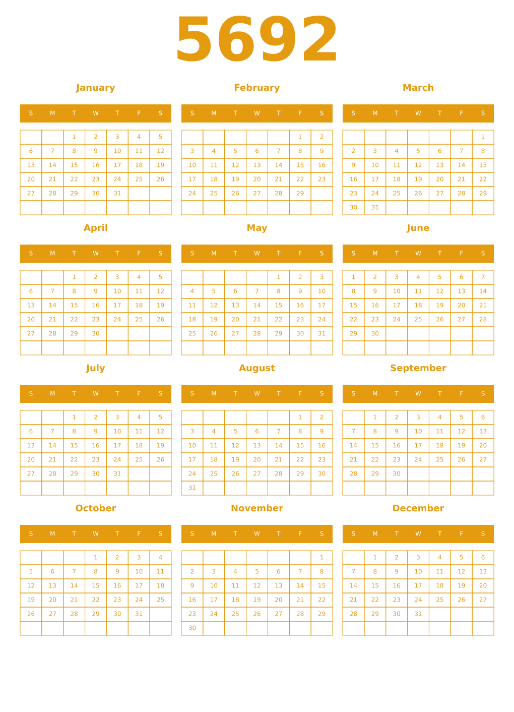 Printable 5692 Year Calendars gamboge