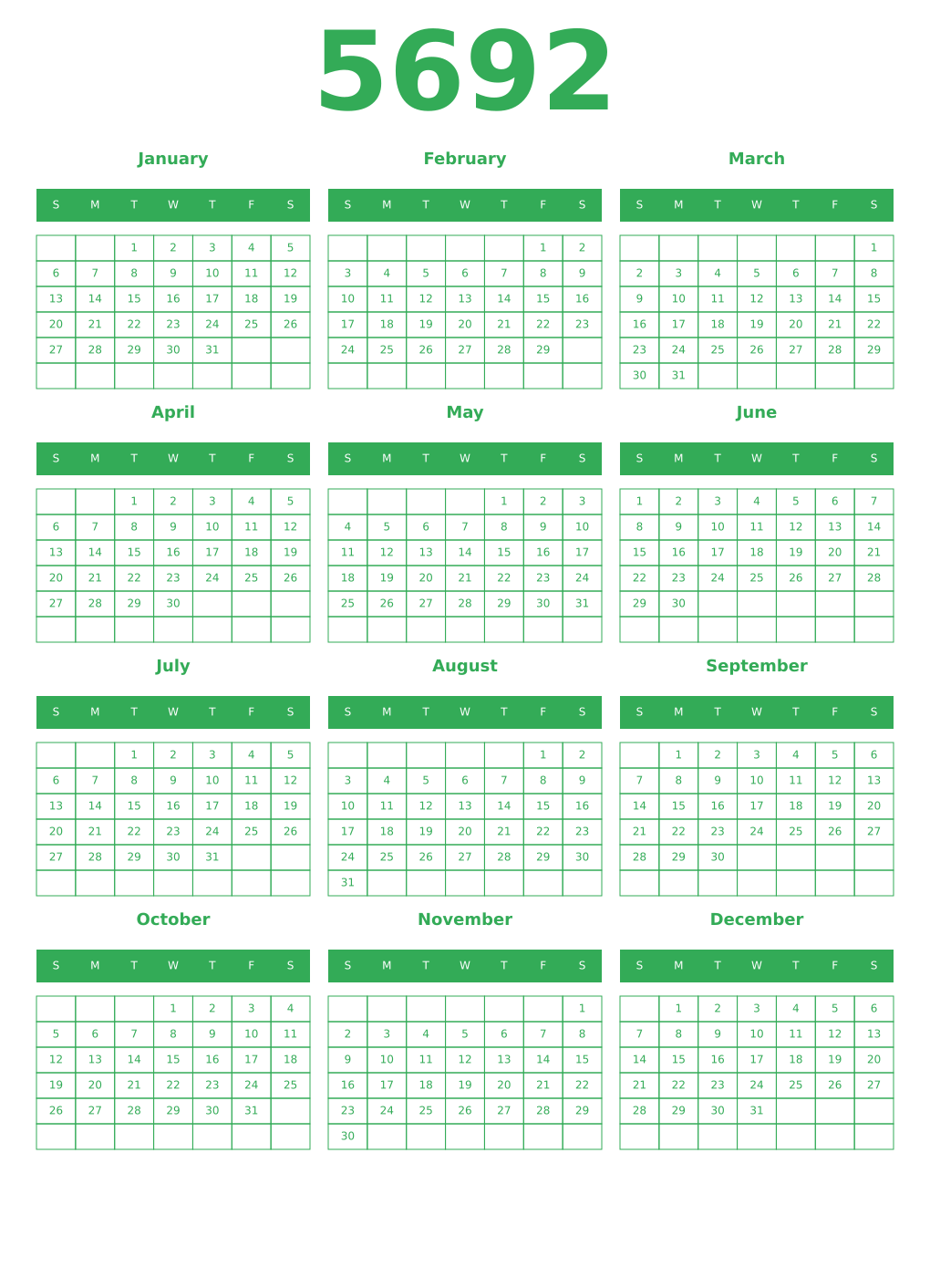 Printable 5692 Year Calendars green