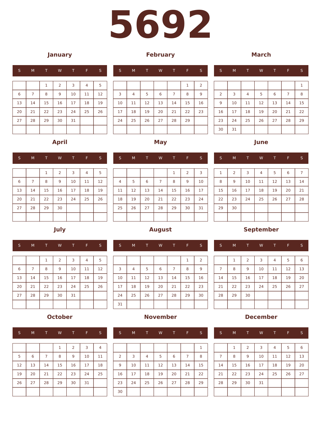 Printable 5692 Year Calendars mortuum