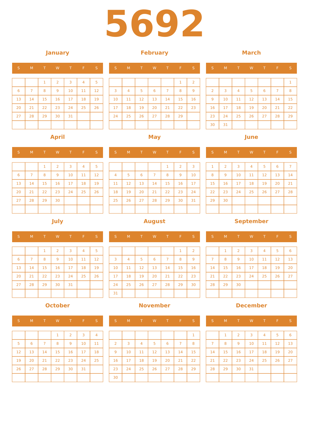 Printable 5692 Year Calendars orange