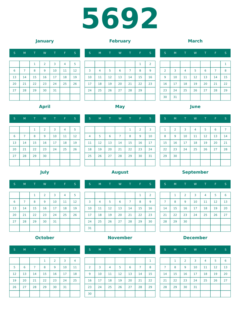 Printable 5692 Year Calendars pastel