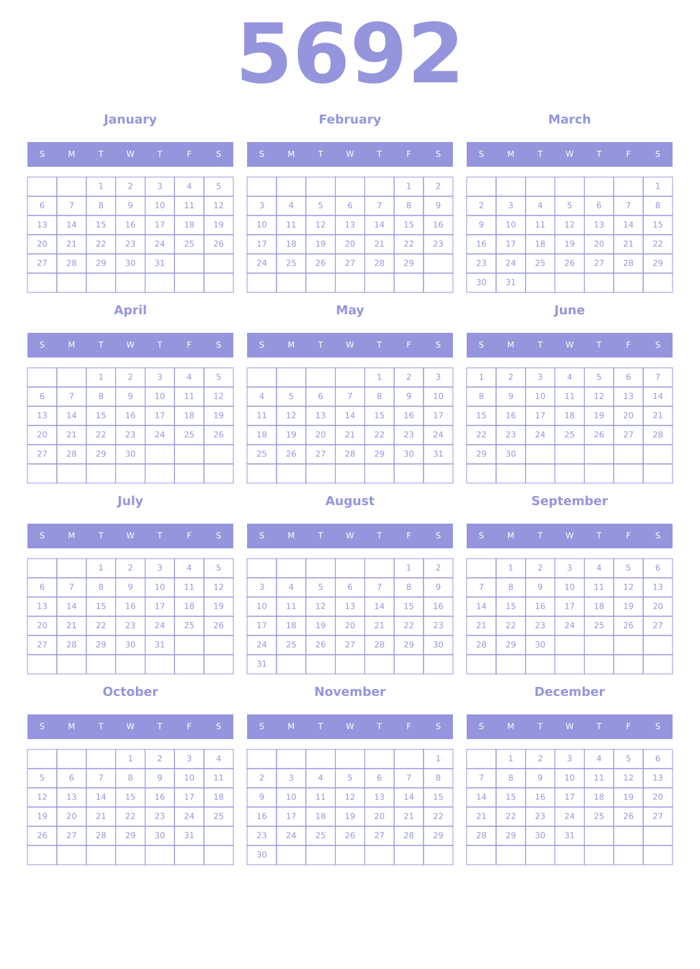 Printable 5692 Year Calendars periwinkle