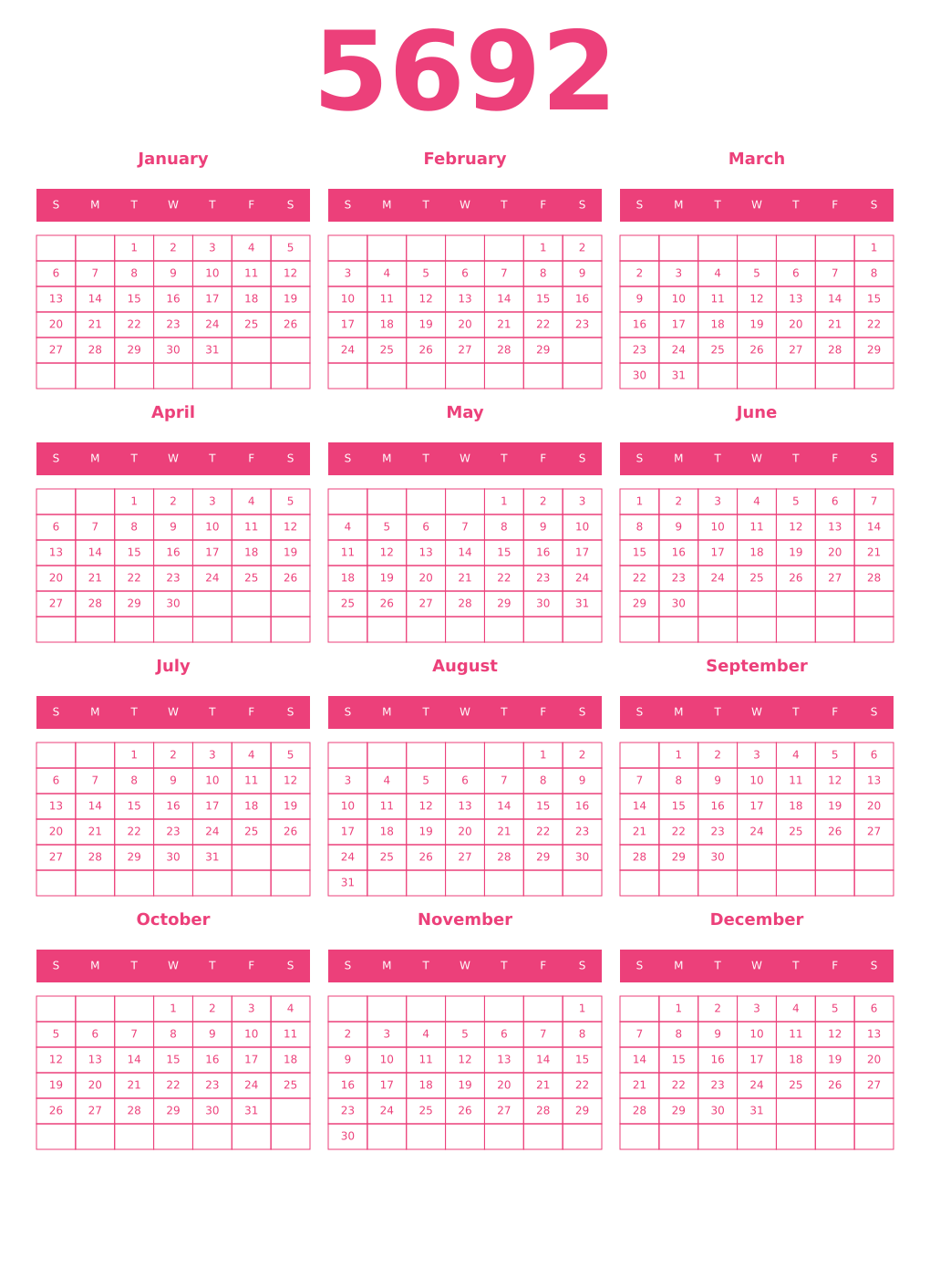 Printable 5692 Year Calendars pink