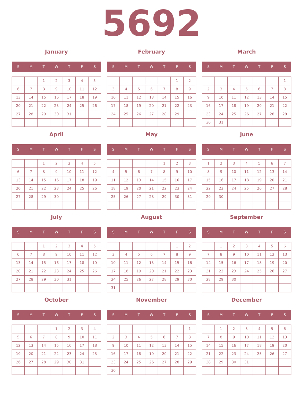 Printable 5692 Year Calendars puce