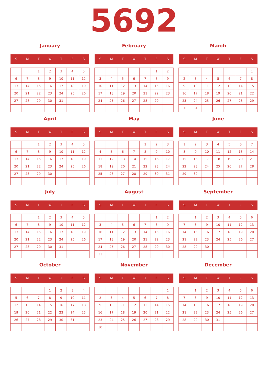 Printable 5692 Year Calendars red