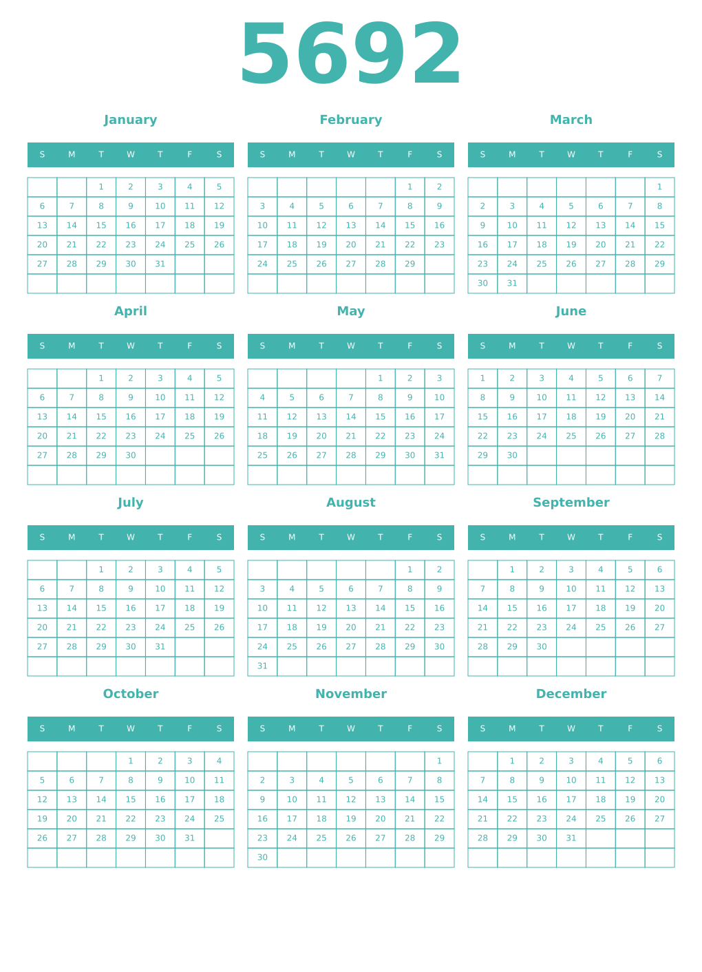 Printable 5692 Year Calendars verdigris