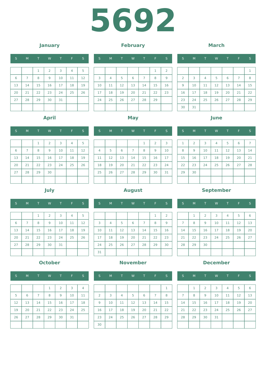Printable 5692 Year Calendars viridian
