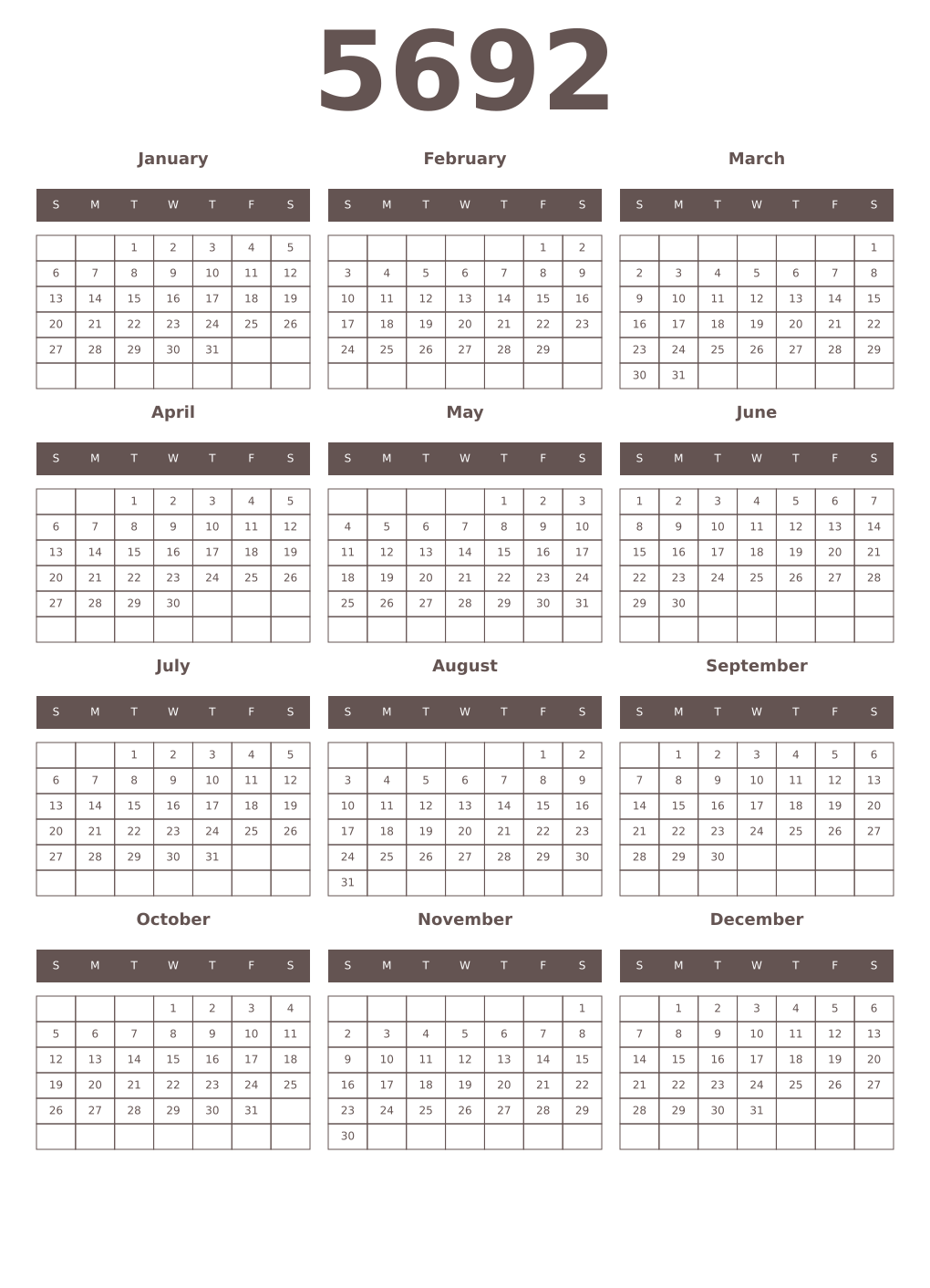 Printable 5692 Year Calendars wenge