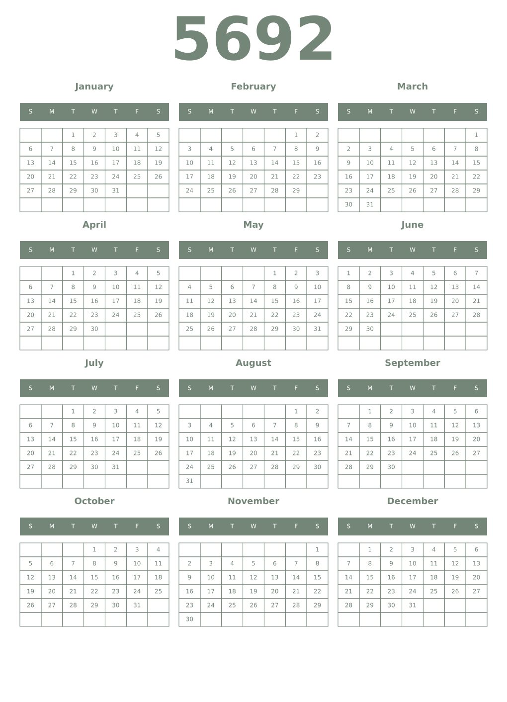 Printable 5692 Year Calendars xanadu