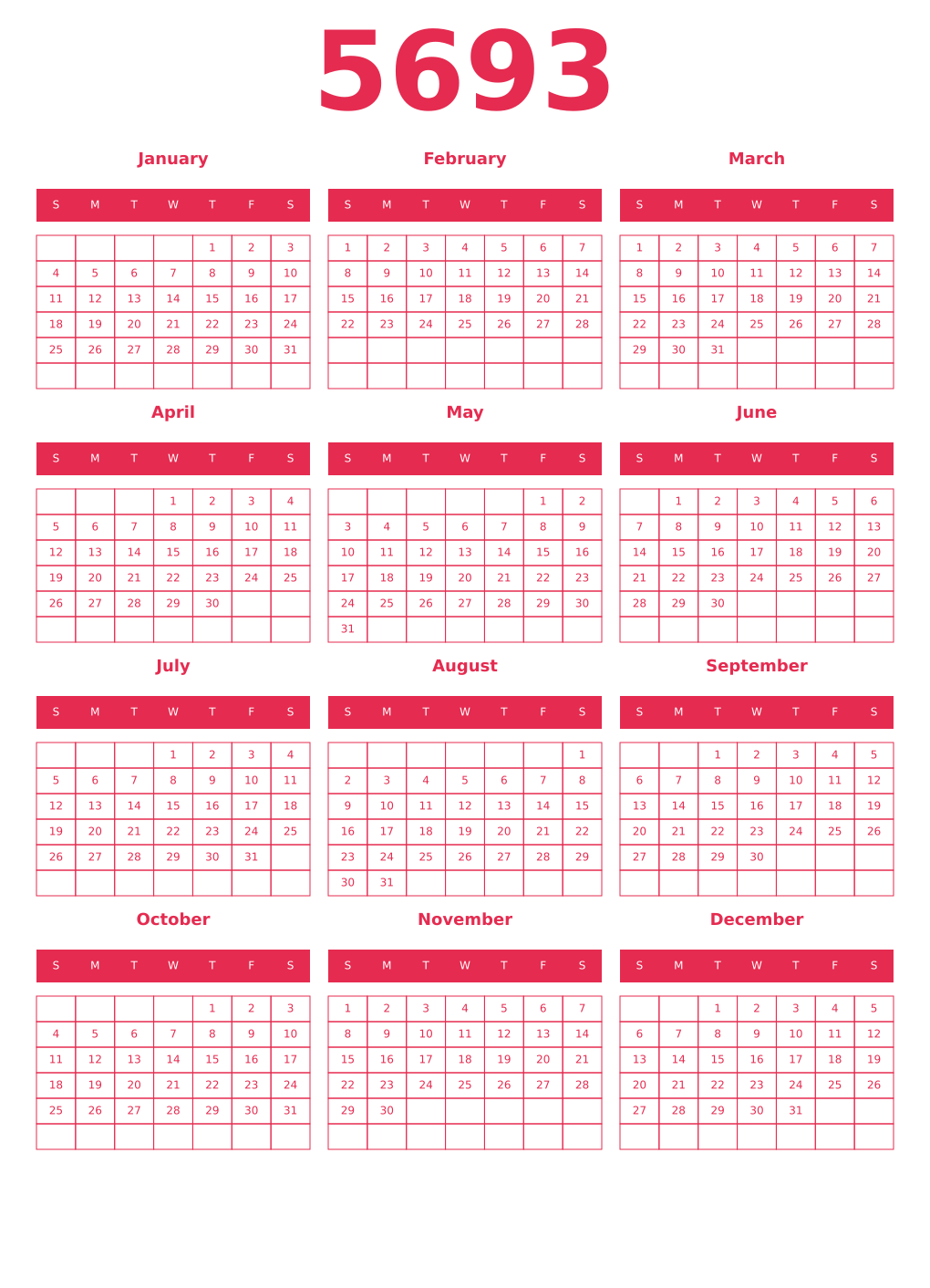 Printable 5693 Year Calendars amaranth