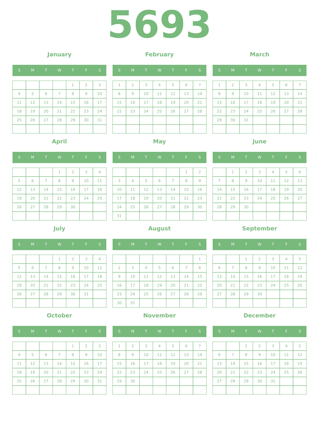 Printable 5693 Year Calendars celadon