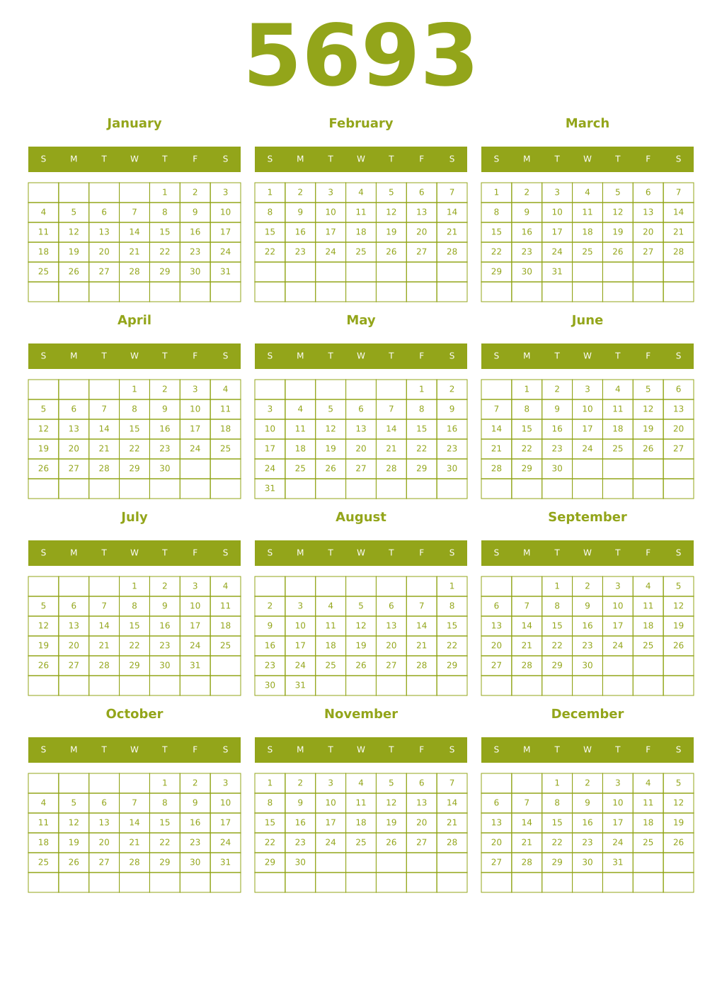 Printable 5693 Year Calendars chartreuse