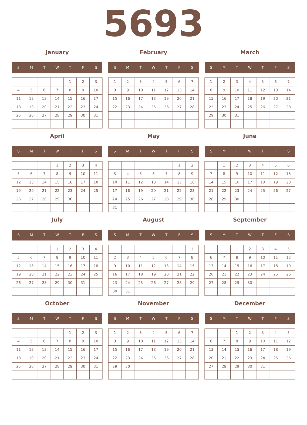 Printable 5693 Year Calendars coffe