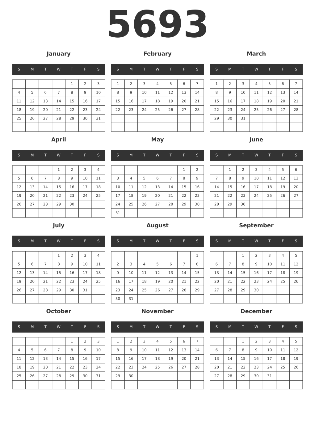 Printable 5693 Year Calendars dark