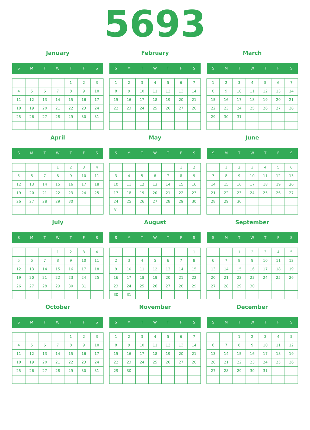 Printable 5693 Year Calendars green
