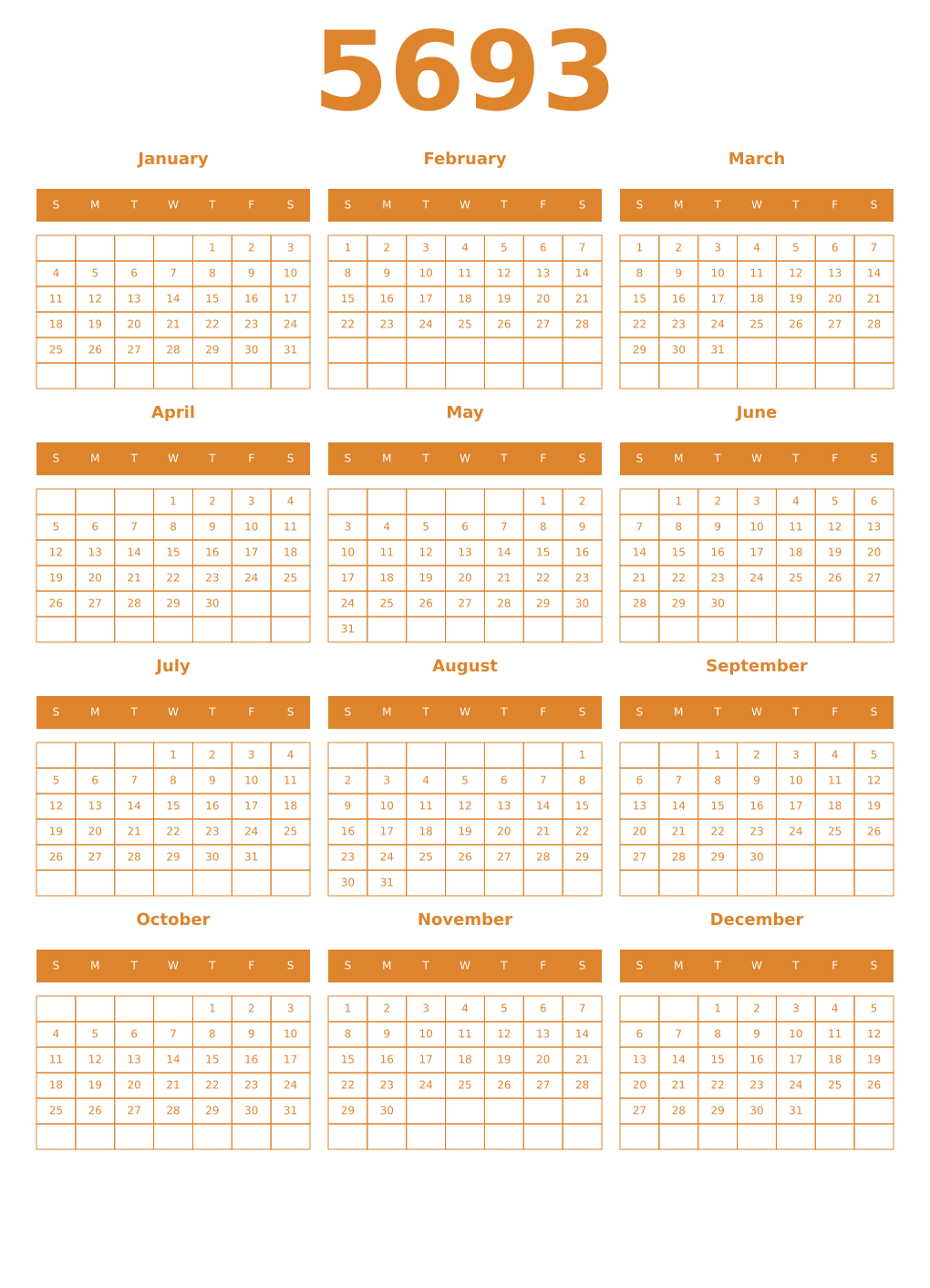 Printable 5693 Year Calendars orange
