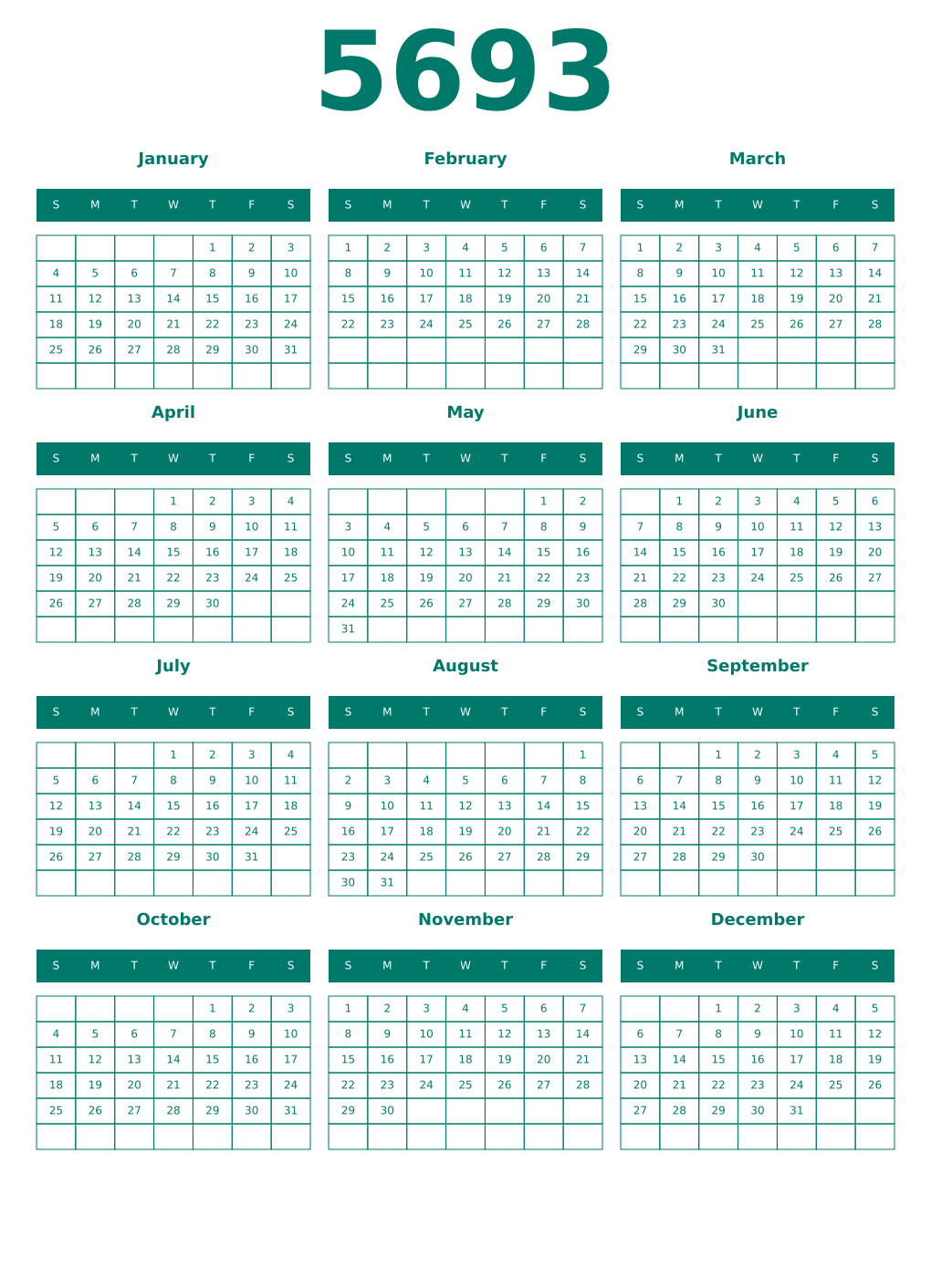Printable 5693 Year Calendars pastel