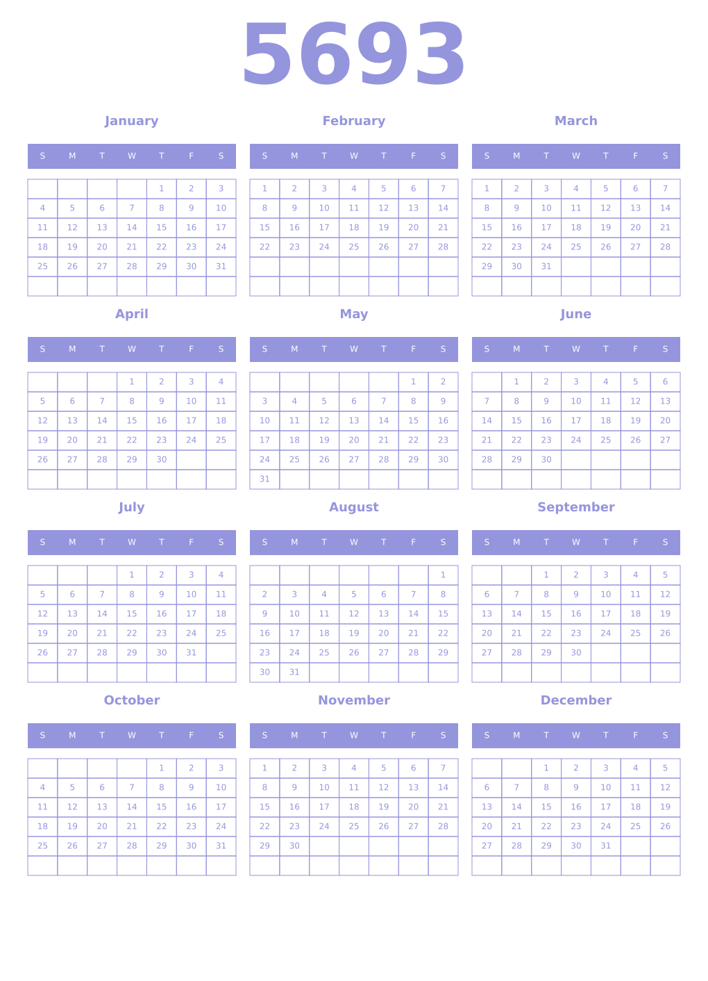 Printable 5693 Year Calendars periwinkle