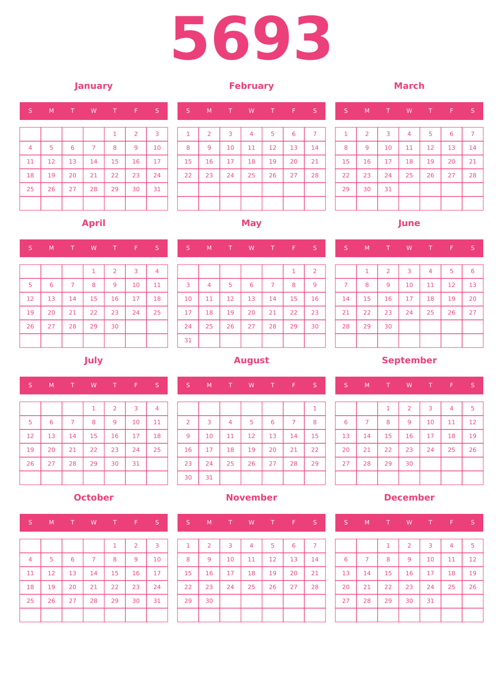 Printable 5693 Year Calendars pink