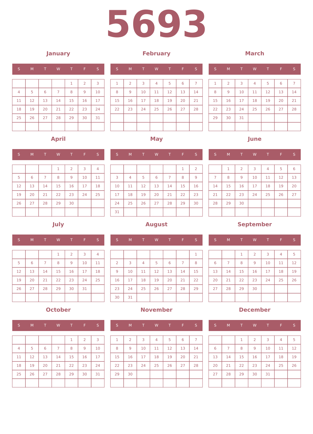 Printable 5693 Year Calendars puce