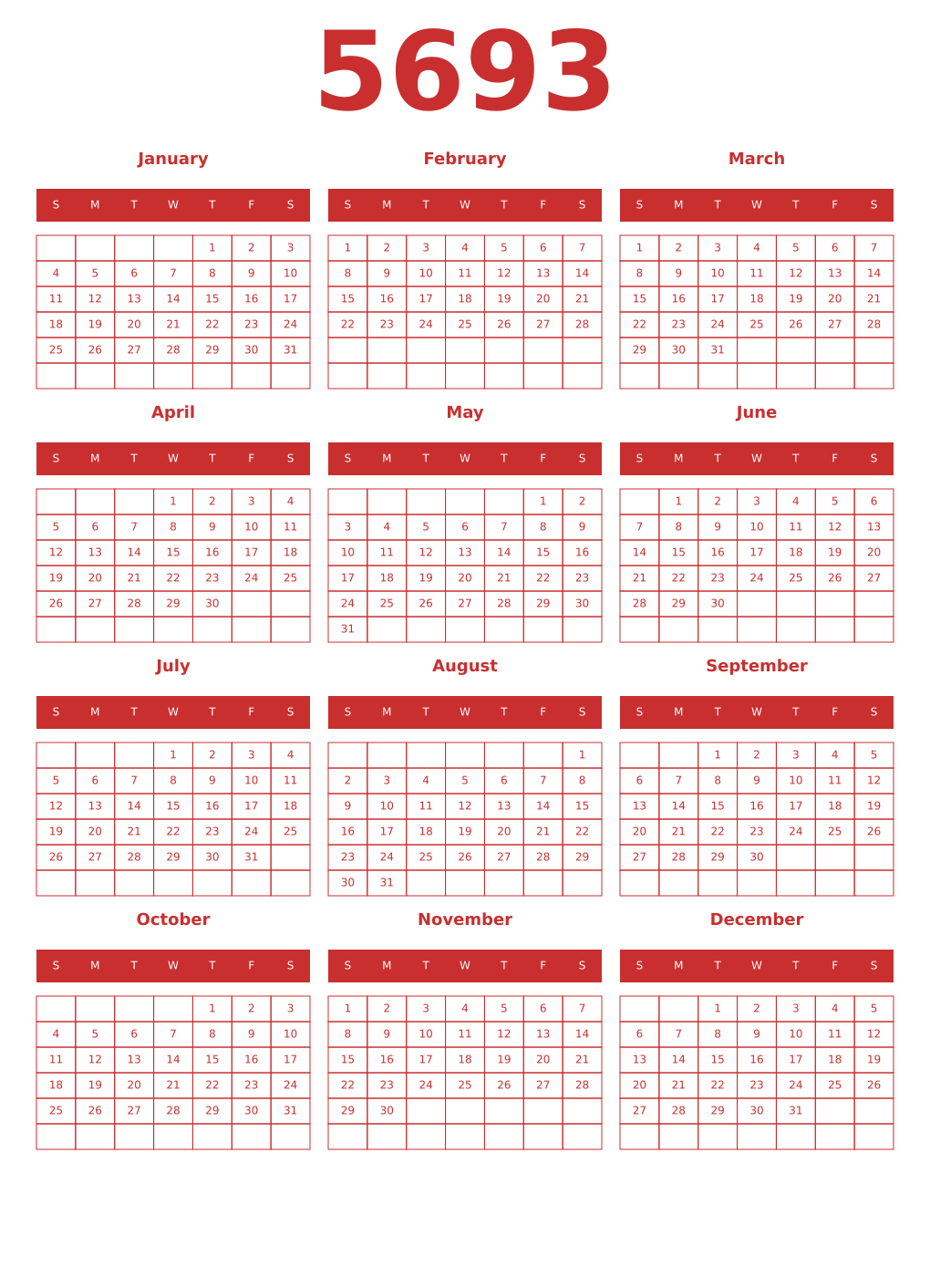 Printable 5693 Year Calendars red