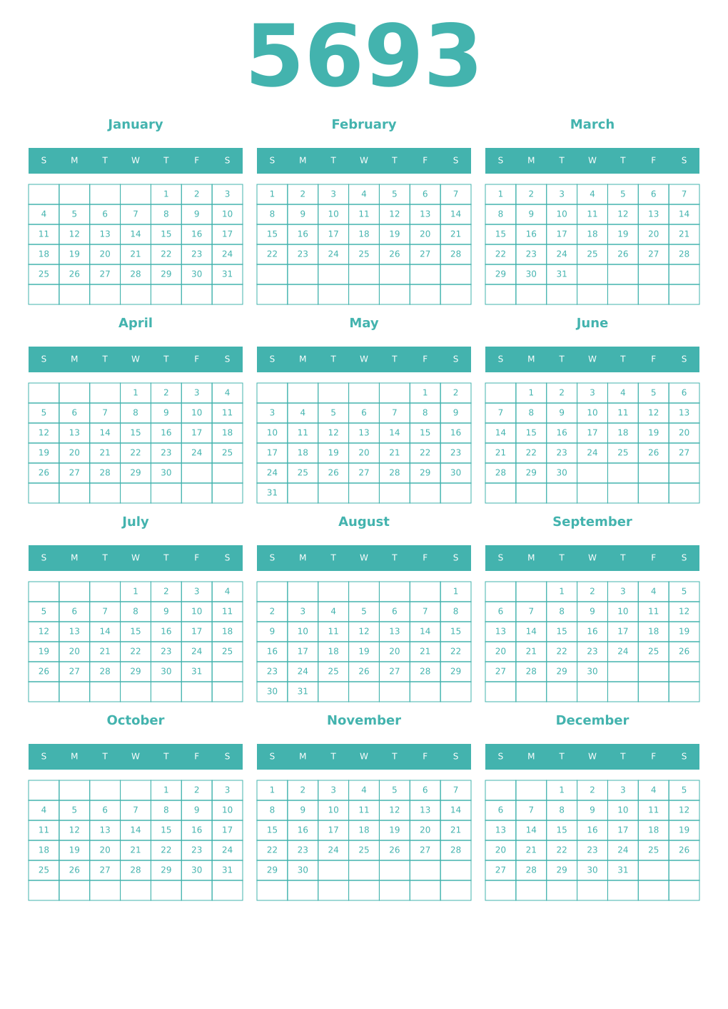 Printable 5693 Year Calendars verdigris