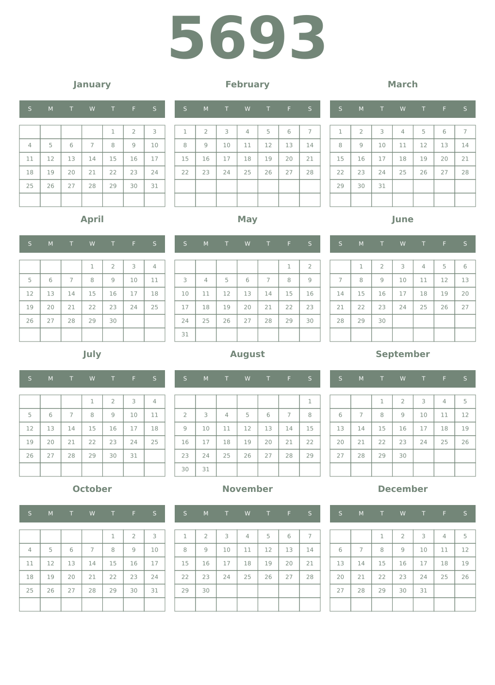 Printable 5693 Year Calendars xanadu