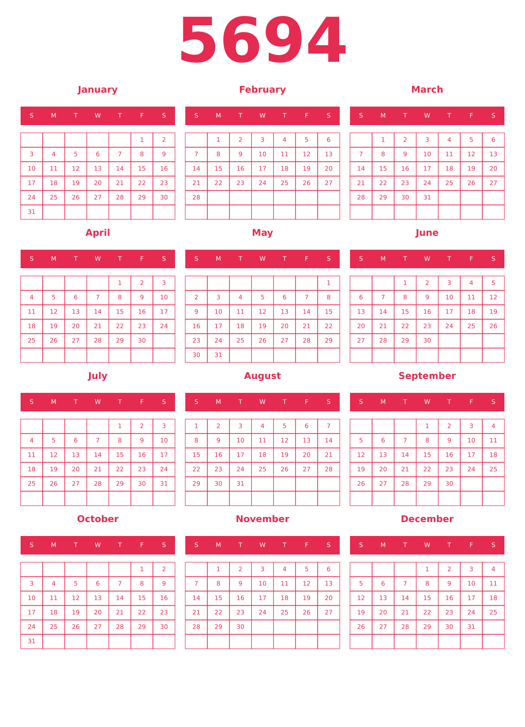 Printable 5694 Year Calendars amaranth