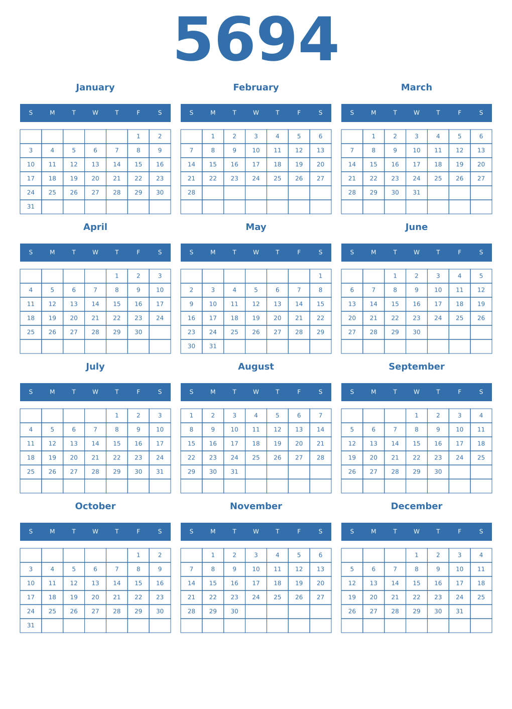 Printable 5694 Year Calendars blue
