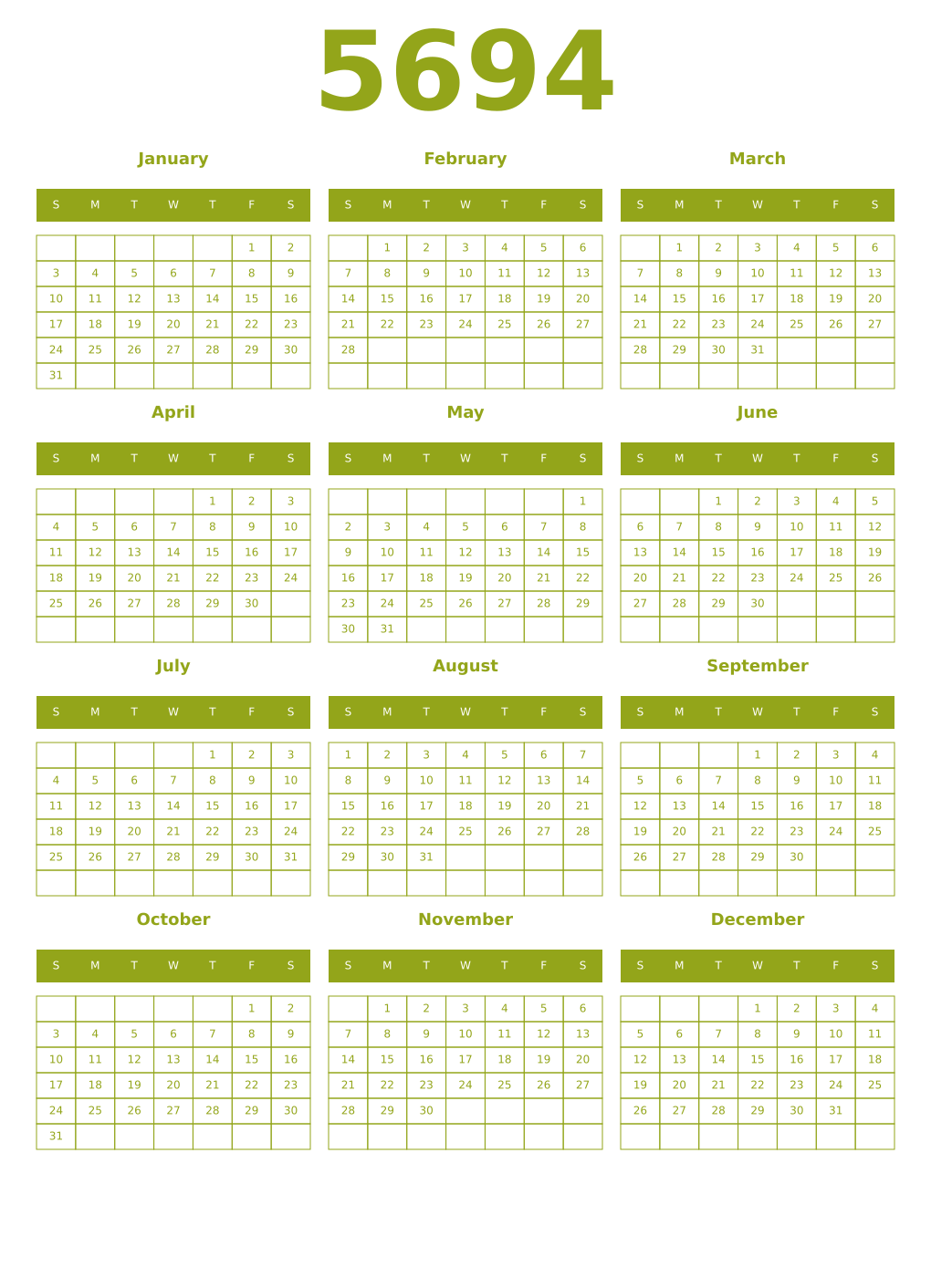 Printable 5694 Year Calendars chartreuse
