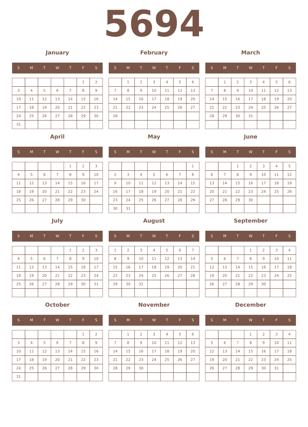 Printable 5694 Year Calendars coffe